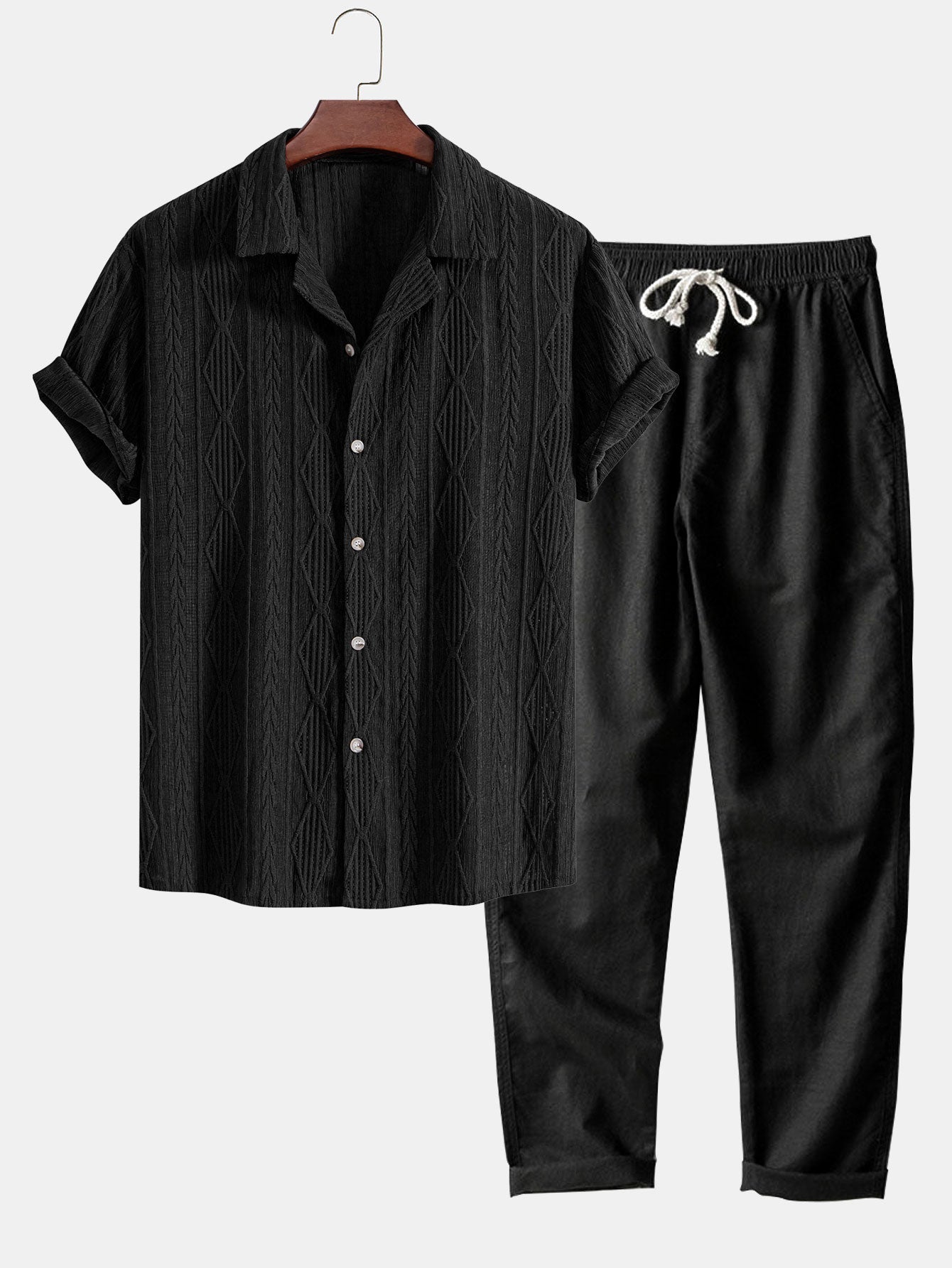Geometrisches Jacquard-Hemd im Kubanischen Stil & Gerade Leinenhose