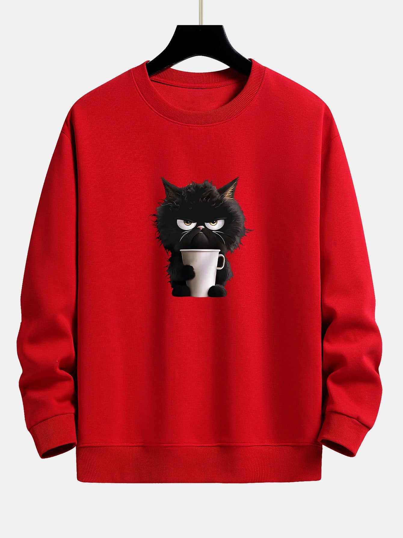 Entspanntes Sweatshirt mit Print: Kaffeetrinkende Schwarze Katze