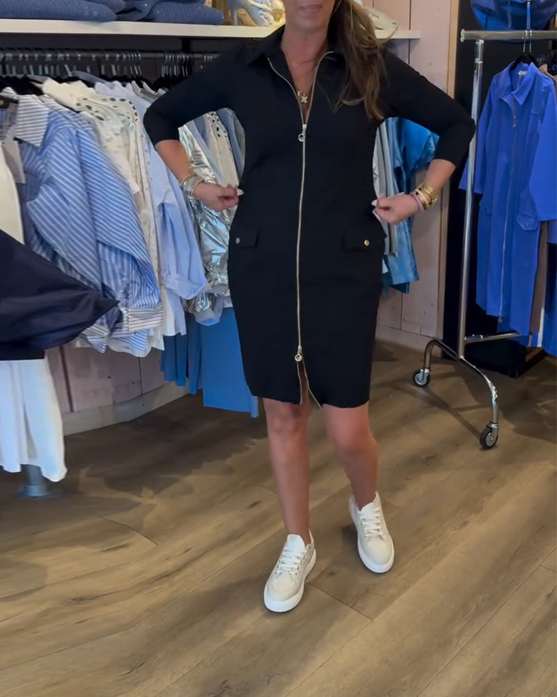 Einfarbiges Kleid mit Reißverschluss und langen Ärmeln