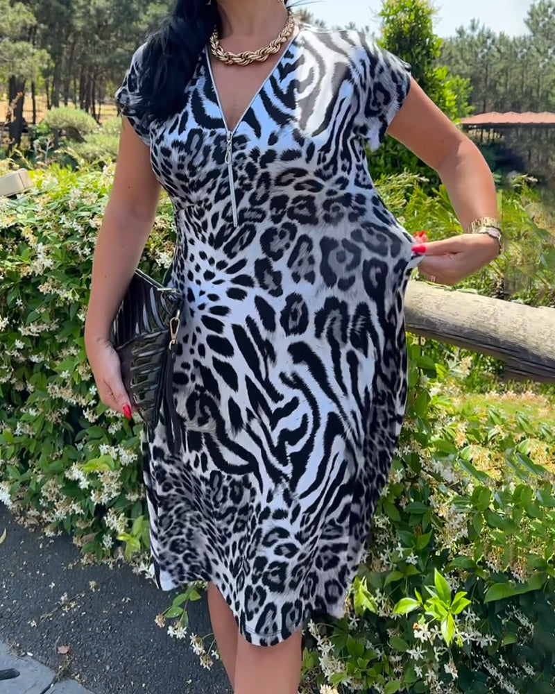 Kjole V-Hals Lynlås Leopardprint