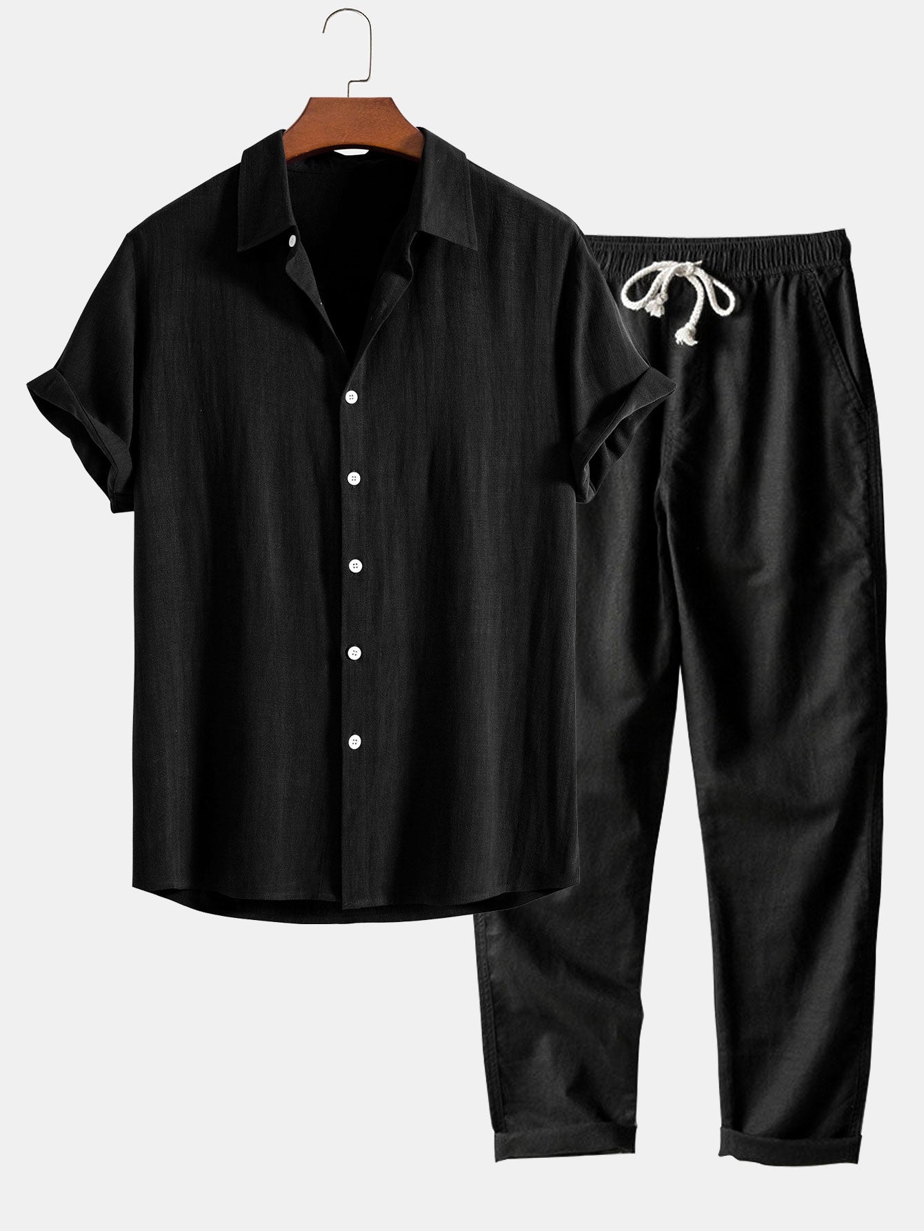 Leinen-Rayon Mix Knopfhemd mit Geradem Bein Leinenhose