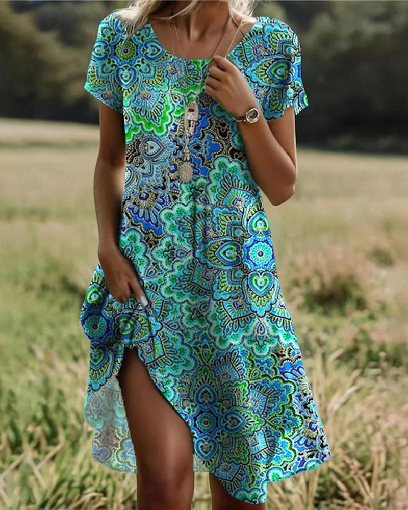 Rund Hals Kjole Med Vintage Print