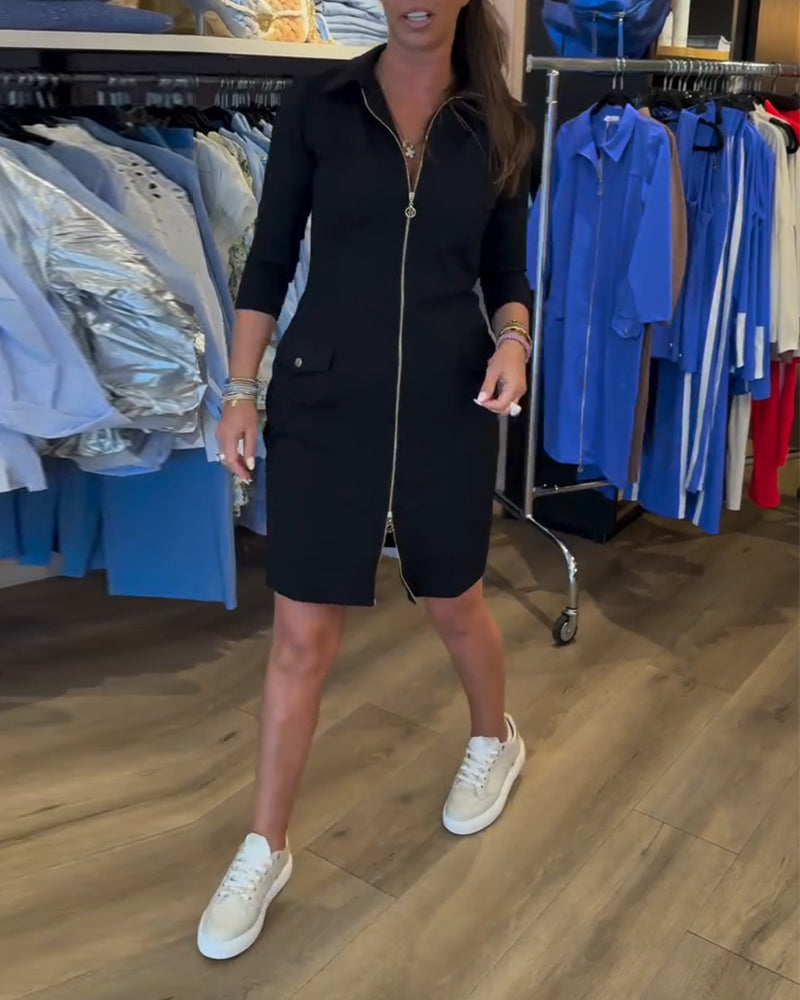 Einfarbiges Kleid mit Reißverschluss und langen Ärmeln