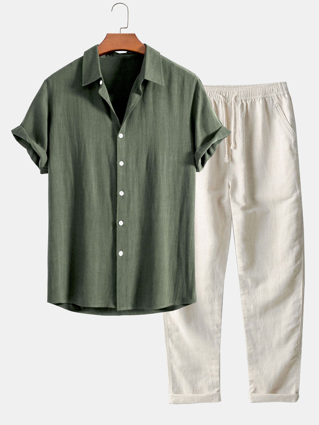 Leinen-Rayon Mix Knopfhemd mit Geradem Bein Leinenhose