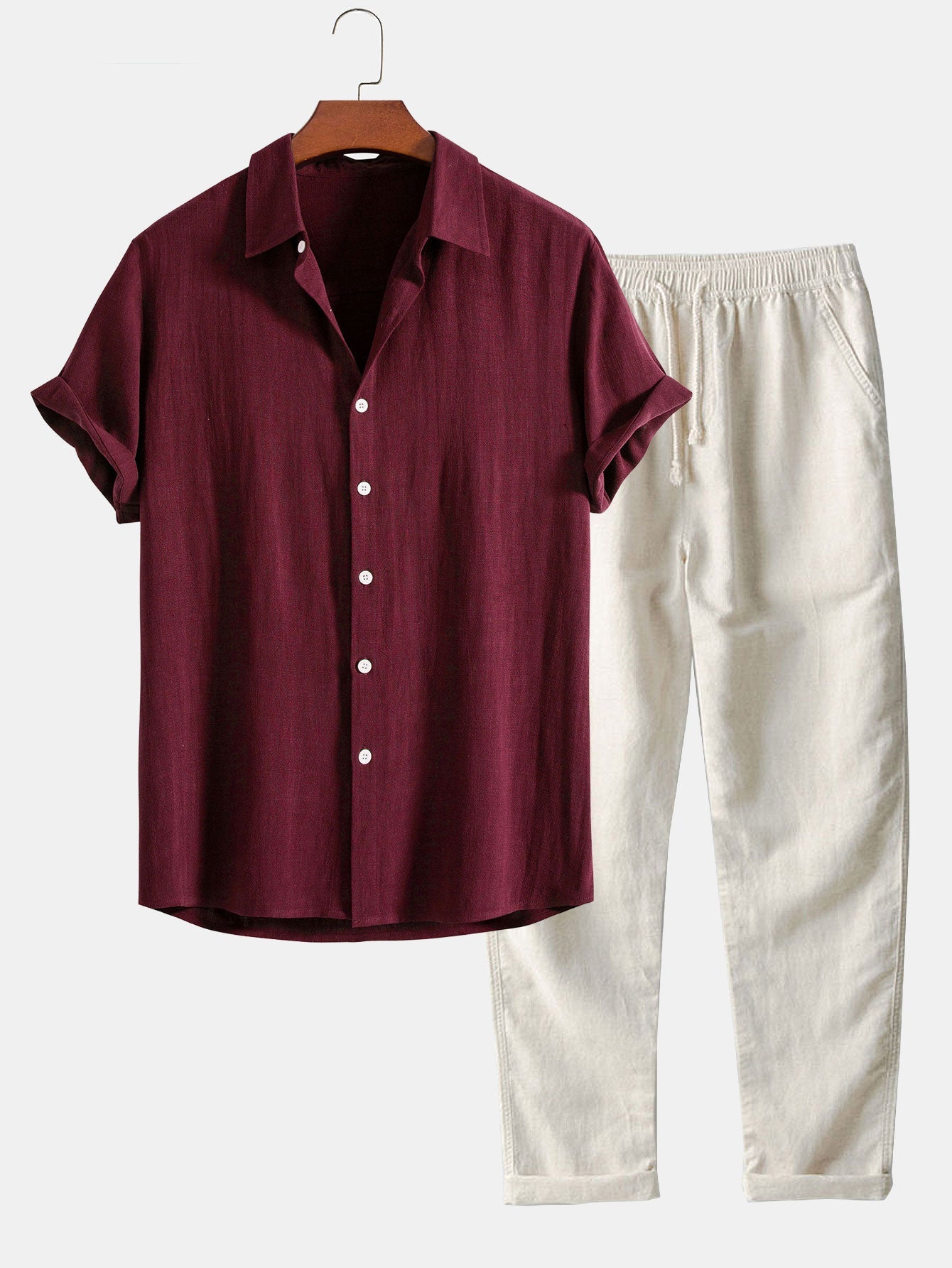 Leinen-Rayon Mix Knopfhemd mit Geradem Bein Leinenhose