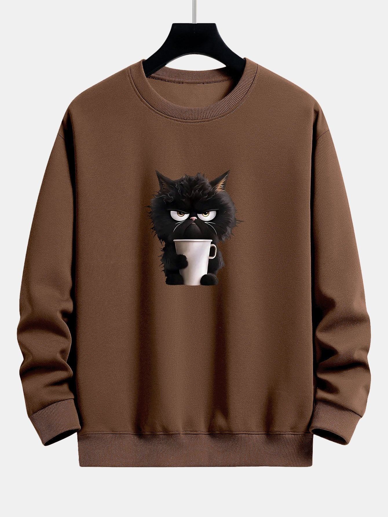 Entspanntes Sweatshirt mit Print: Kaffeetrinkende Schwarze Katze