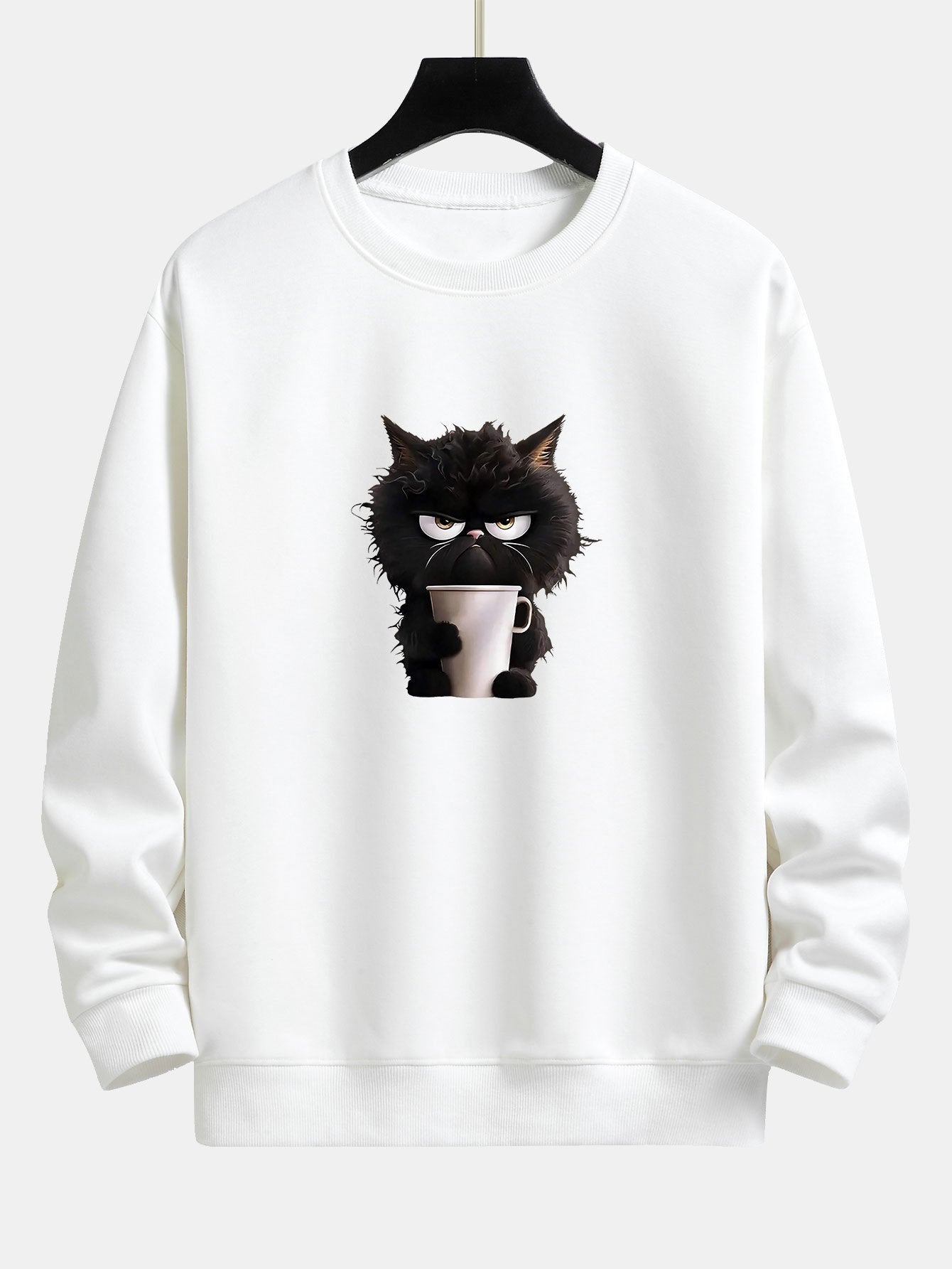 Entspanntes Sweatshirt mit Print: Kaffeetrinkende Schwarze Katze