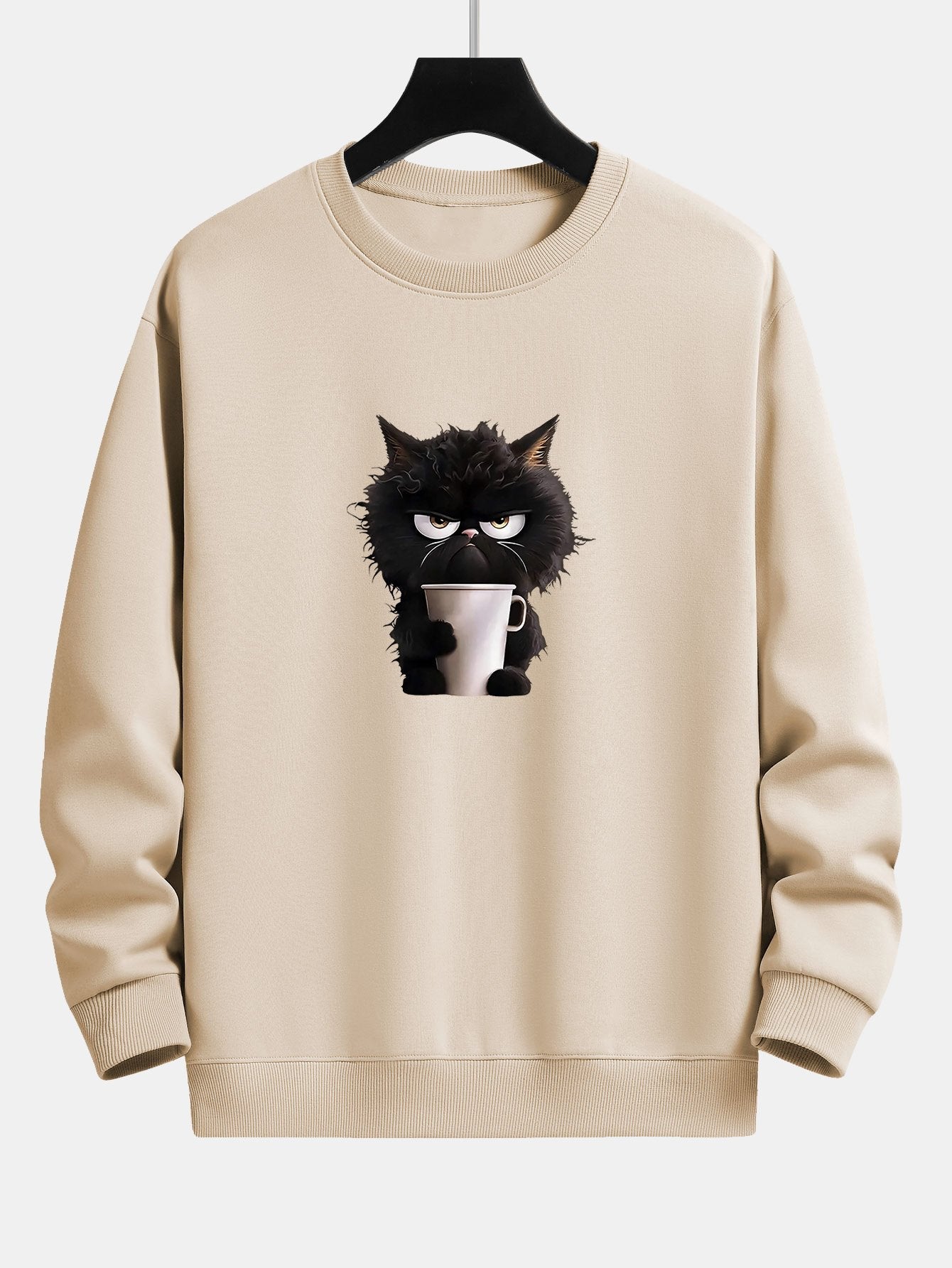 Entspanntes Sweatshirt mit Print: Kaffeetrinkende Schwarze Katze