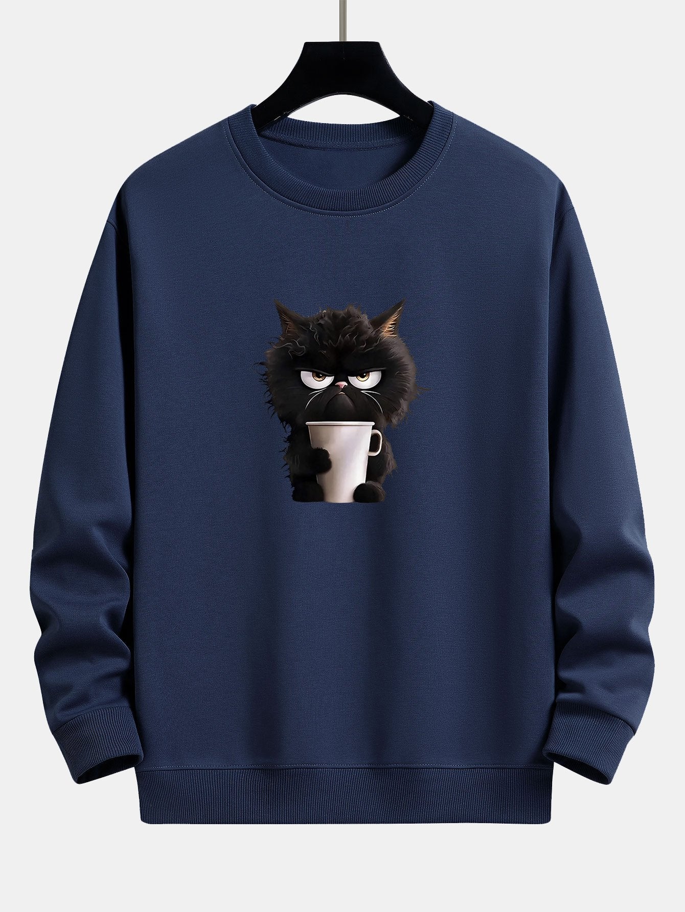 Entspanntes Sweatshirt mit Print: Kaffeetrinkende Schwarze Katze