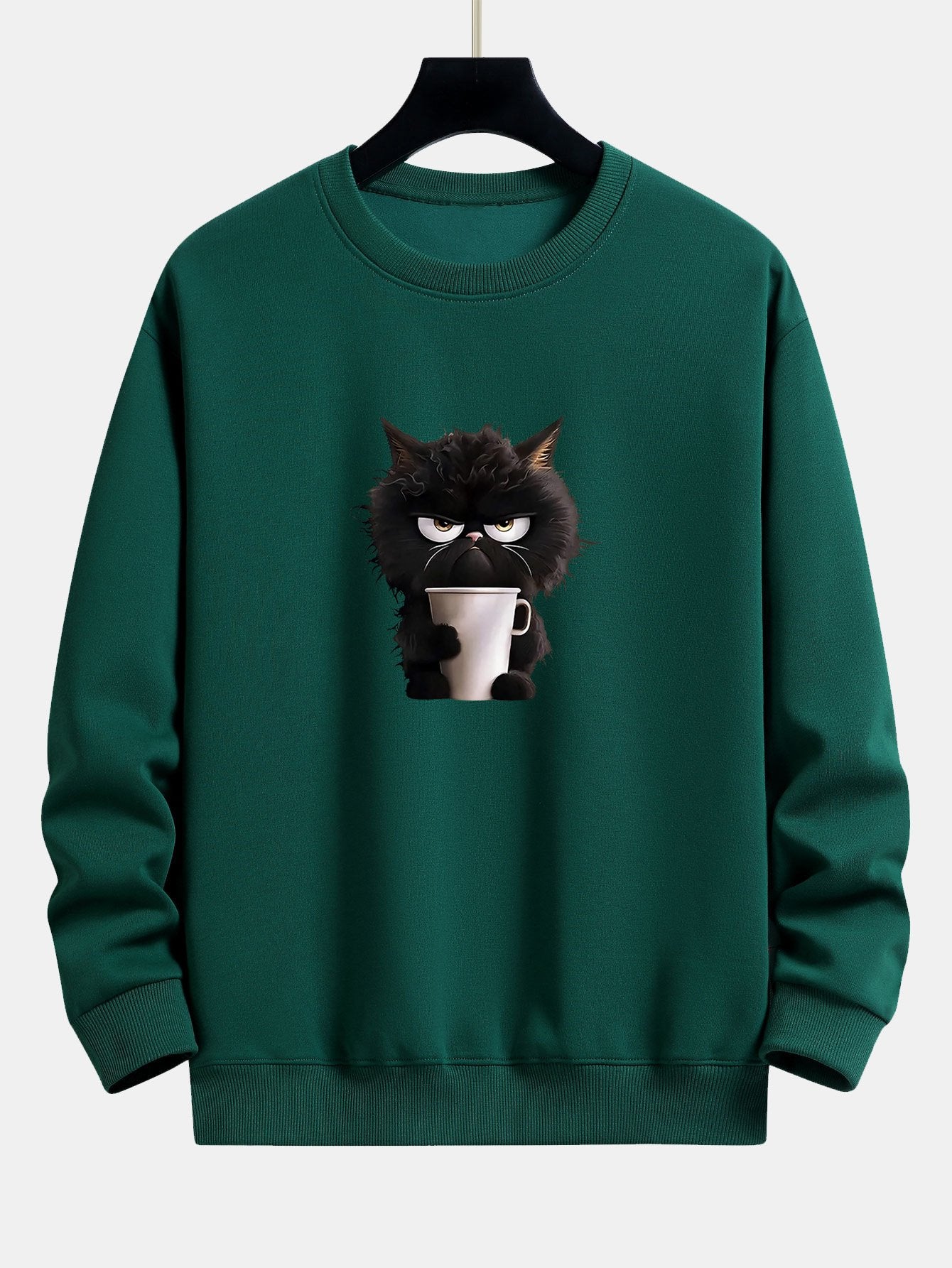Entspanntes Sweatshirt mit Print: Kaffeetrinkende Schwarze Katze