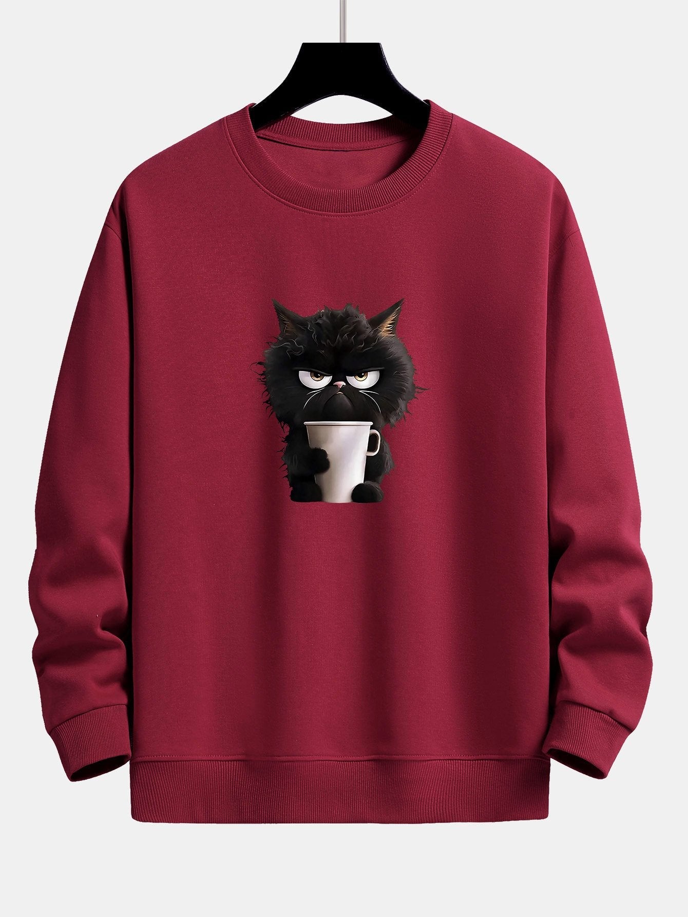 Entspanntes Sweatshirt mit Print: Kaffeetrinkende Schwarze Katze