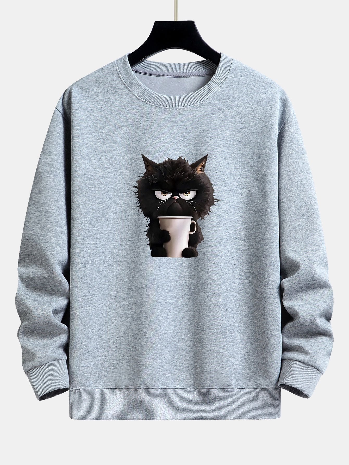 Entspanntes Sweatshirt mit Print: Kaffeetrinkende Schwarze Katze