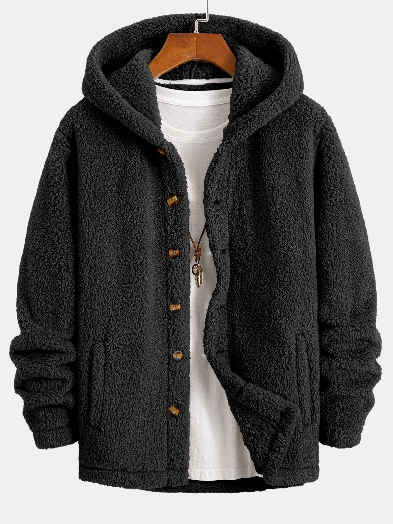 Teddy Fleece Button-Up Hoodie Jacket