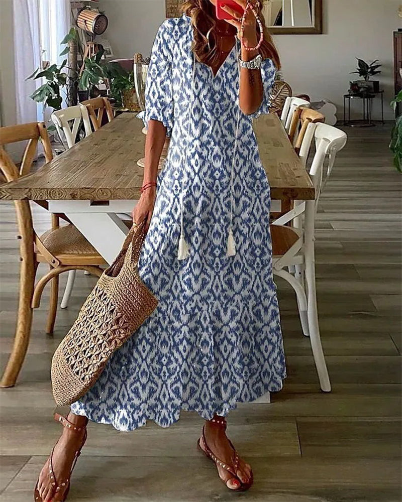 Andrea - Boho Vintage V-Ausschnitt Bedrucktes Kleid