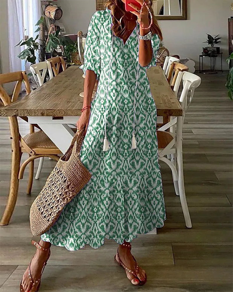Andrea - Boho Vintage V-Ausschnitt Bedrucktes Kleid