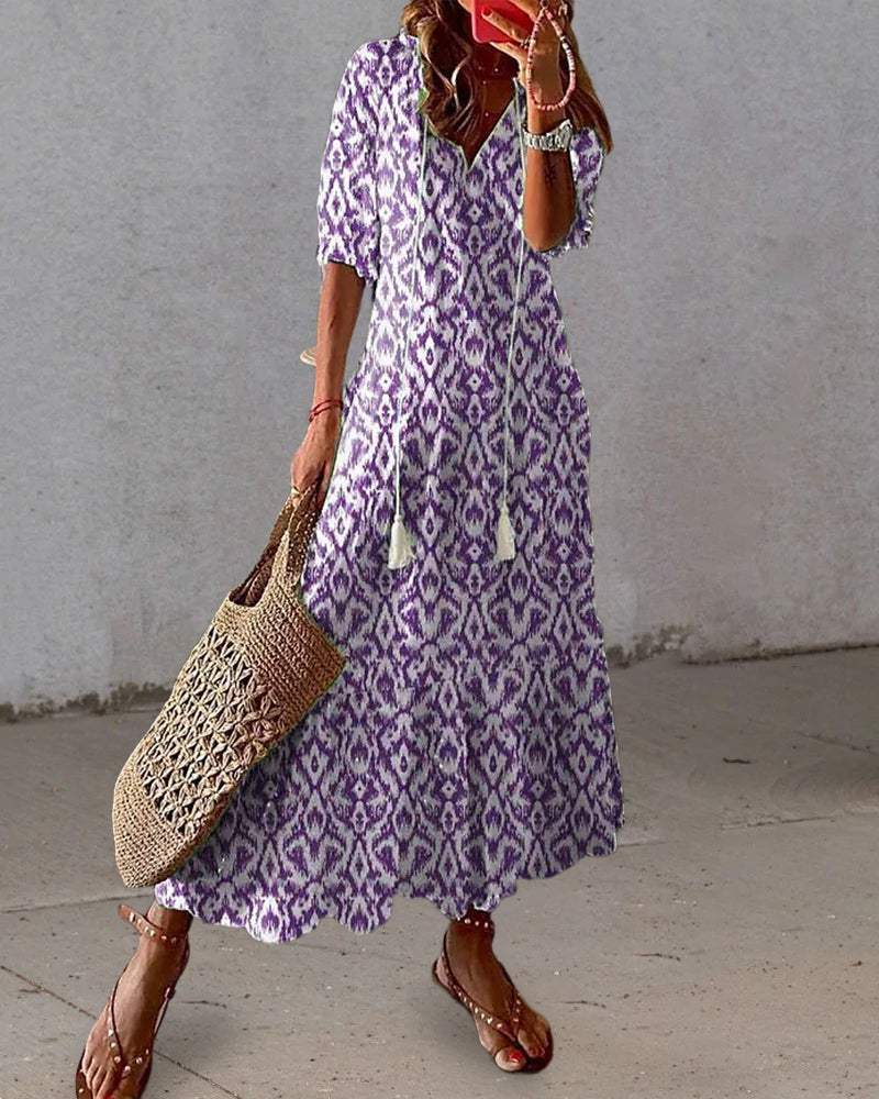 Andrea - Boho Vintage V-Ausschnitt Bedrucktes Kleid