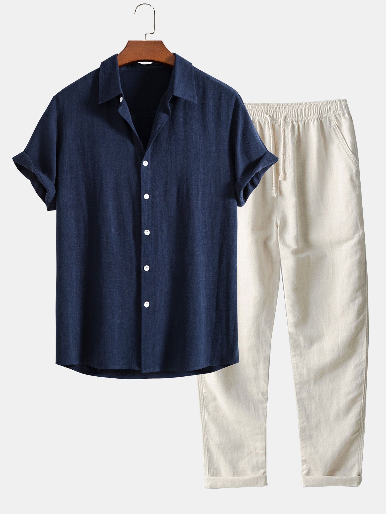 Leinen-Rayon Mix Knopfhemd mit Geradem Bein Leinenhose