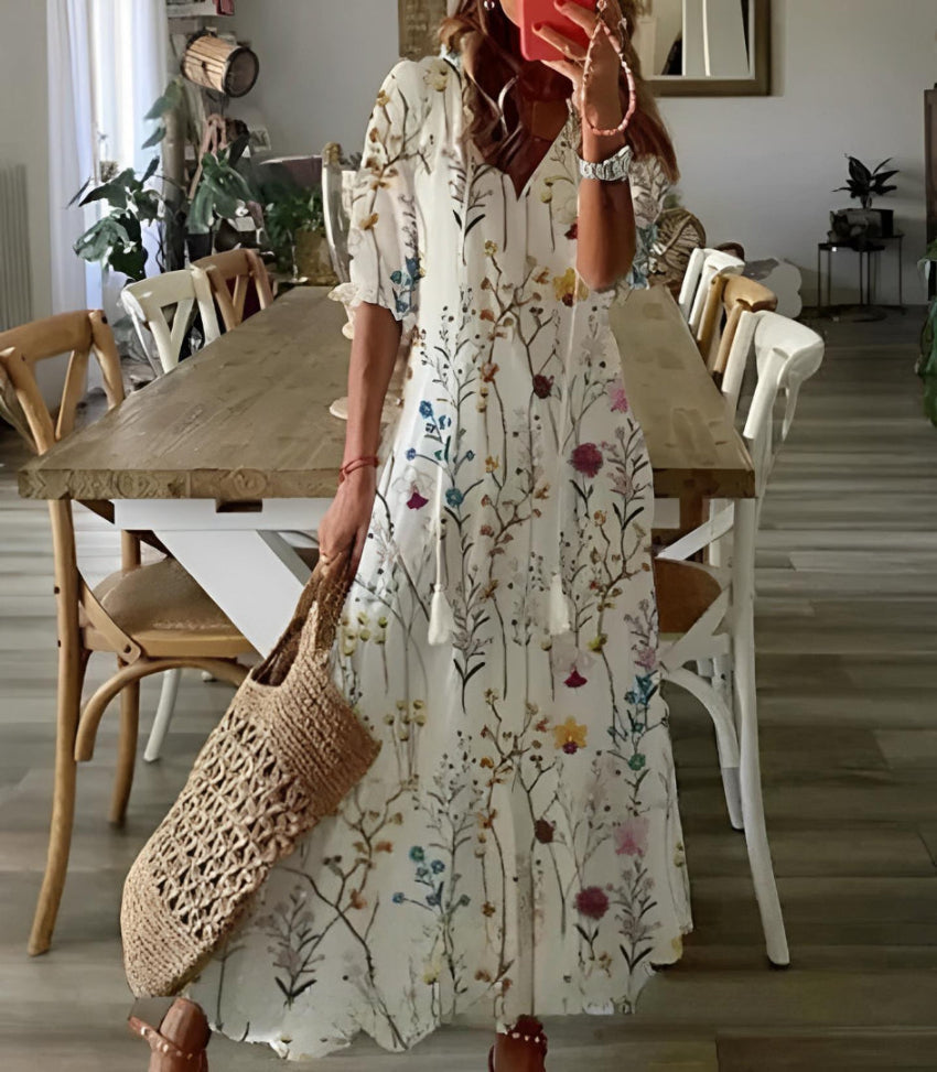 Andrea - Boho Vintage V-Ausschnitt Bedrucktes Kleid