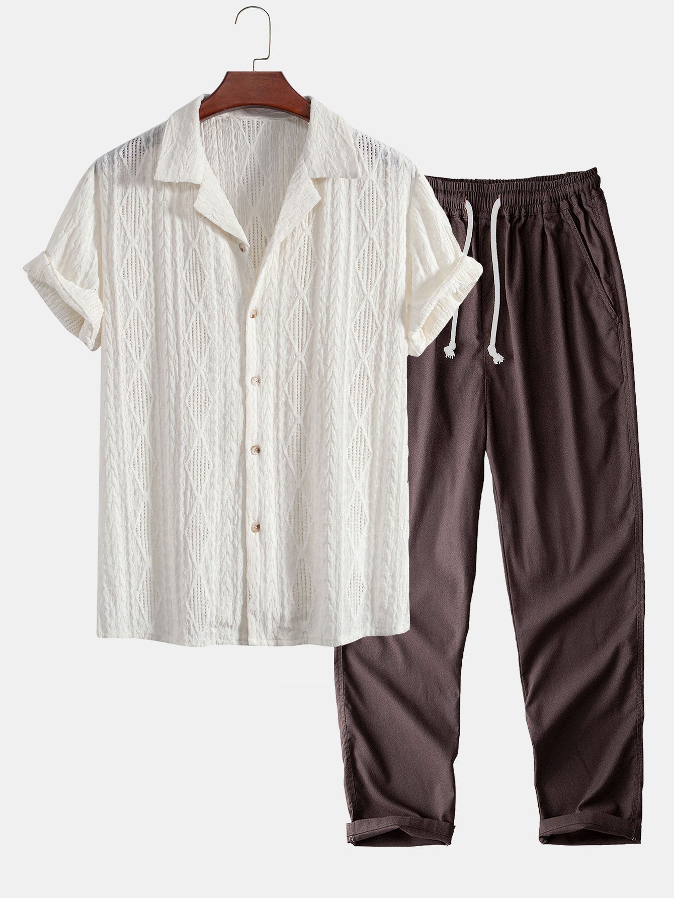 Geometrisches Jacquard-Hemd im kubanischen Stil & Gerade Leinenhose