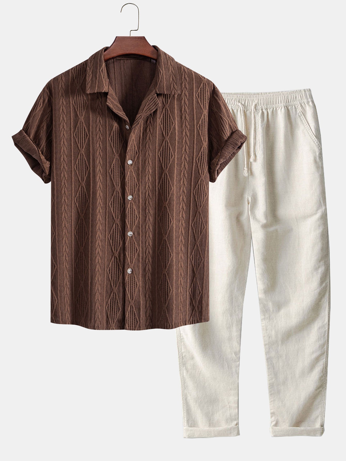 Geometrisches Jacquard-Hemd im kubanischen Stil & Gerade Leinenhose