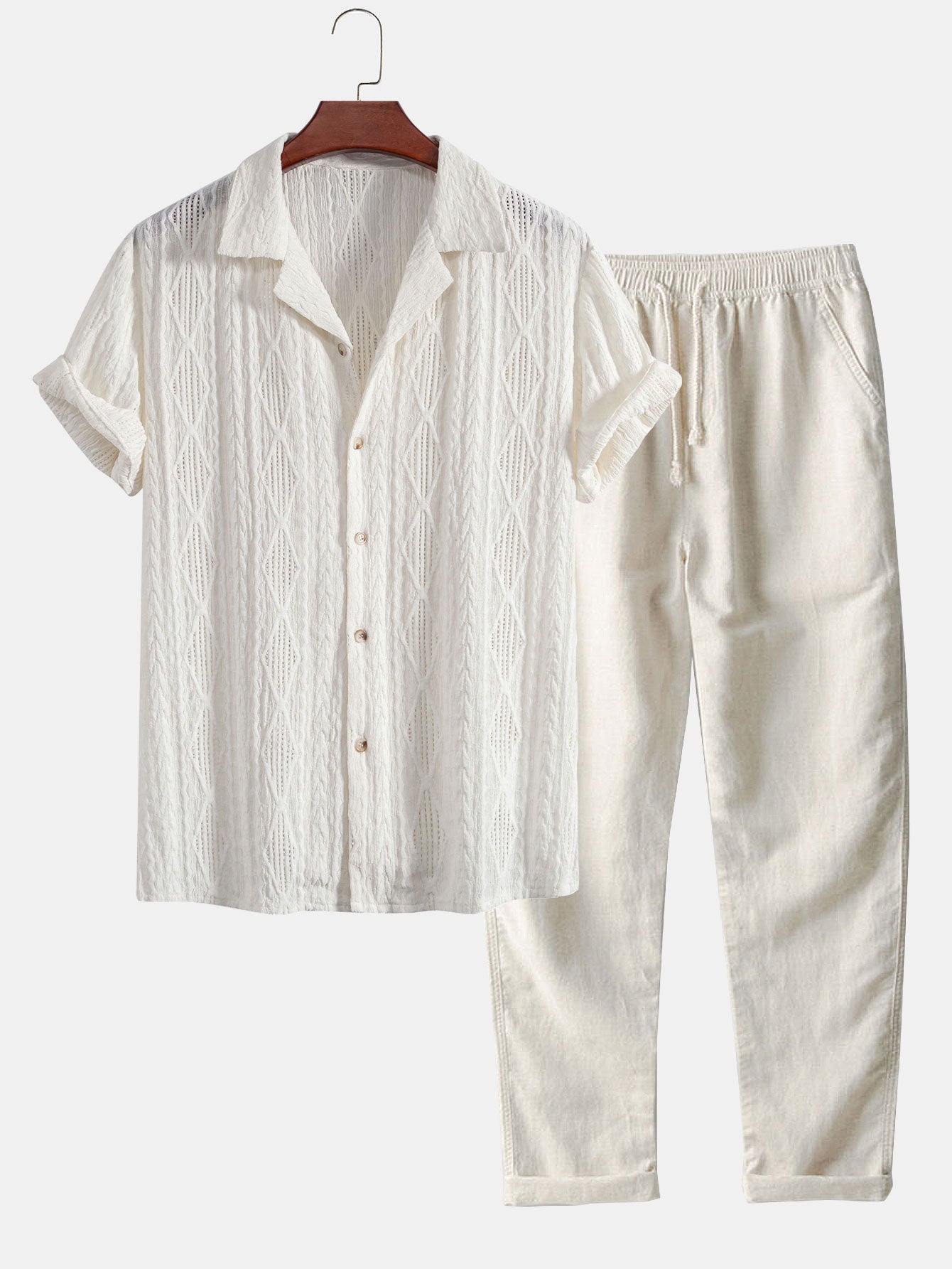 Geometrisches Jacquard-Hemd im kubanischen Stil & Gerade Leinenhose