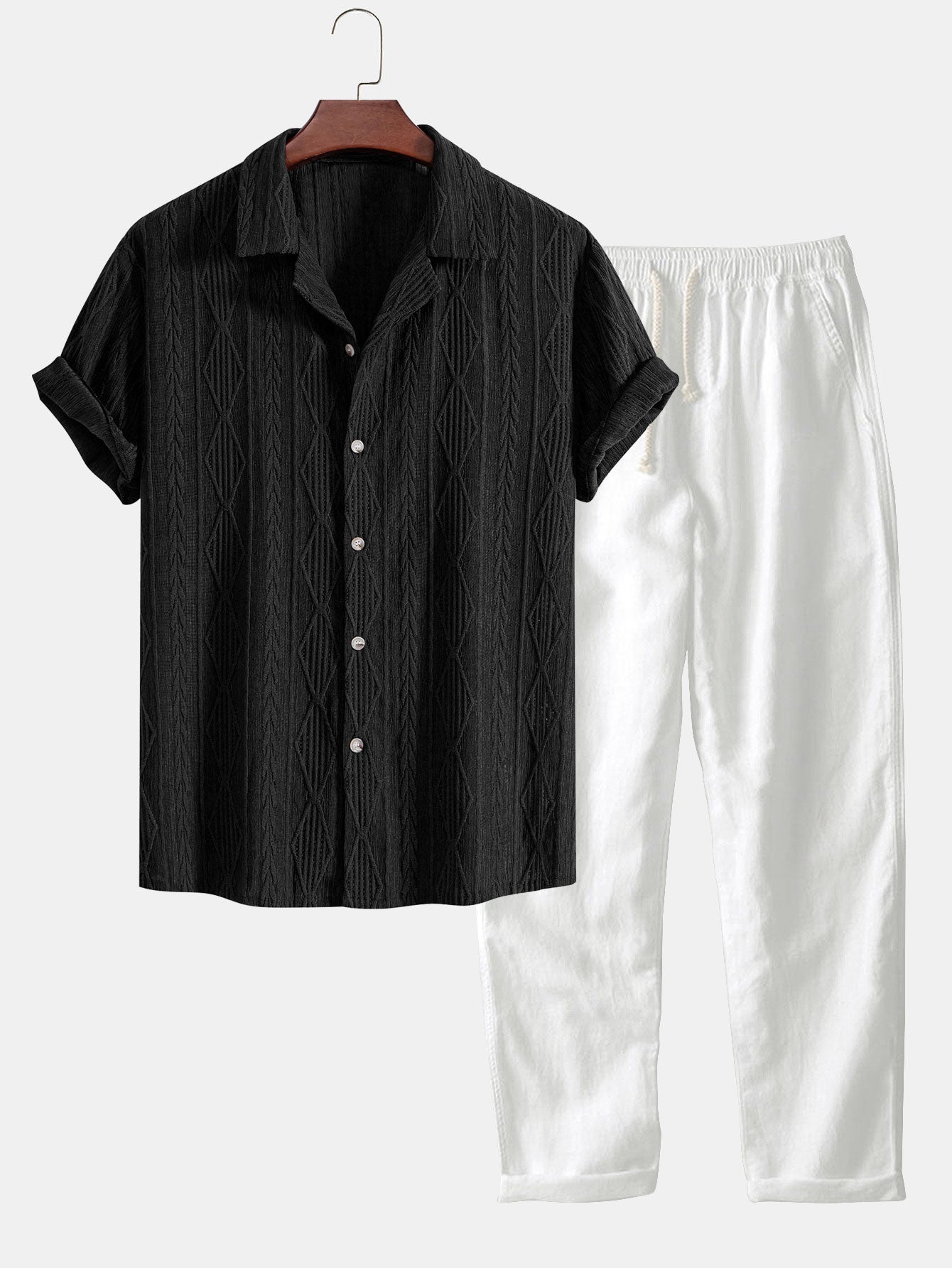 Geometrisches Jacquard-Hemd im kubanischen Stil & Gerade Leinenhose