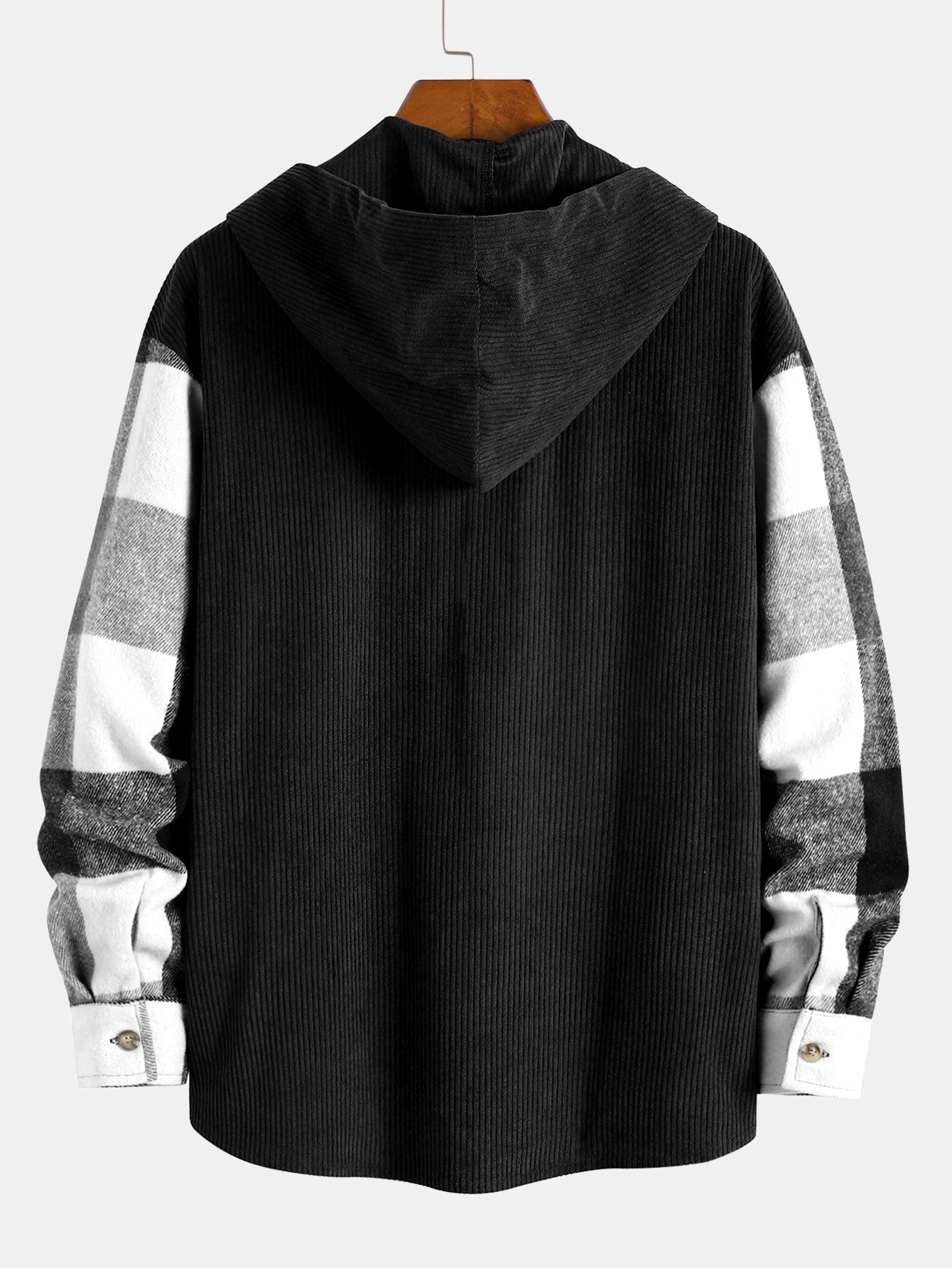 Casual Flannel Checkered Corduroy Patchwork Hoodie Shirt & Corduroy Cargo Jogger Pants