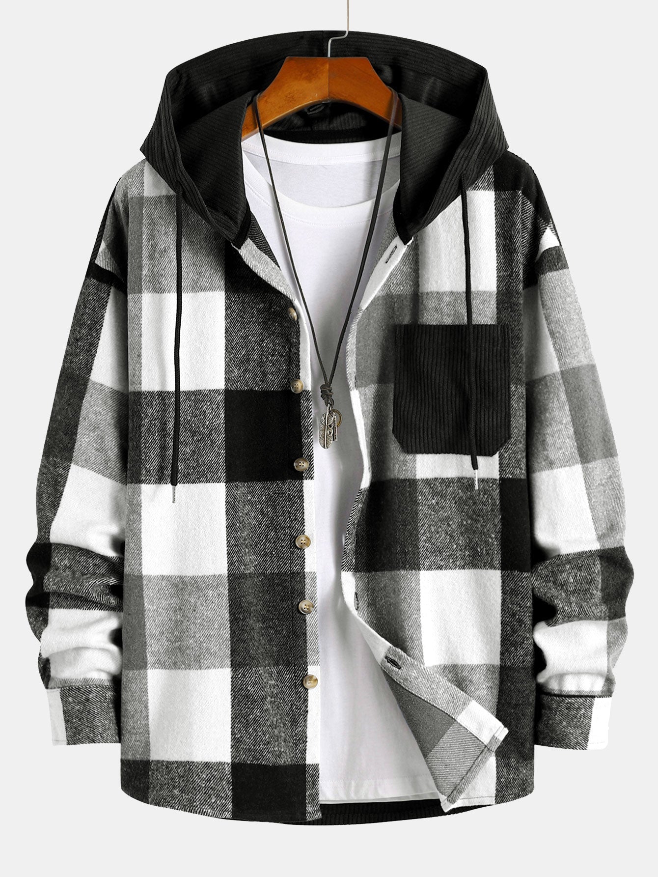 Relaxed Fit Flannel Checkered Corduroy Patchwork Hoodie Shirt