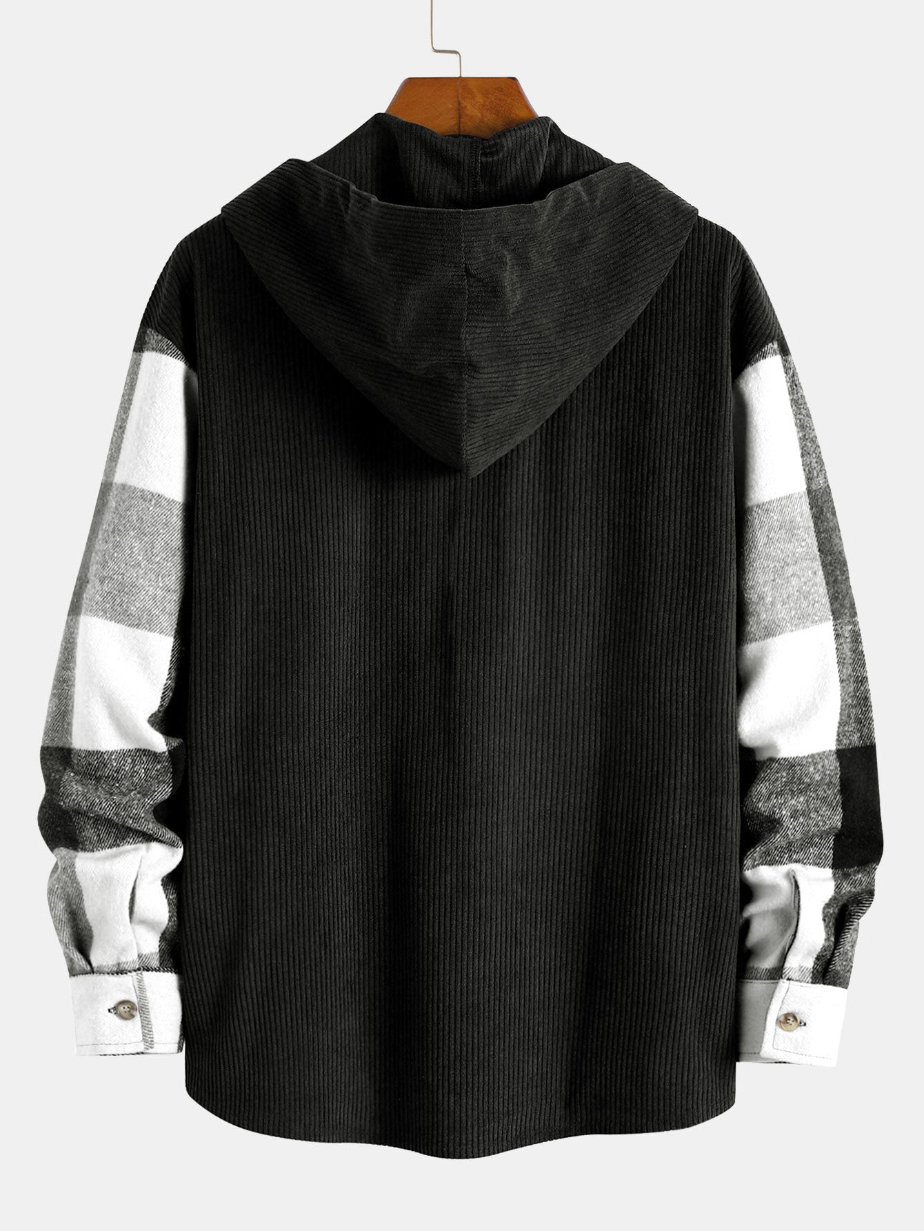 Relaxed Fit Flannel Checkered Corduroy Patchwork Hoodie Shirt