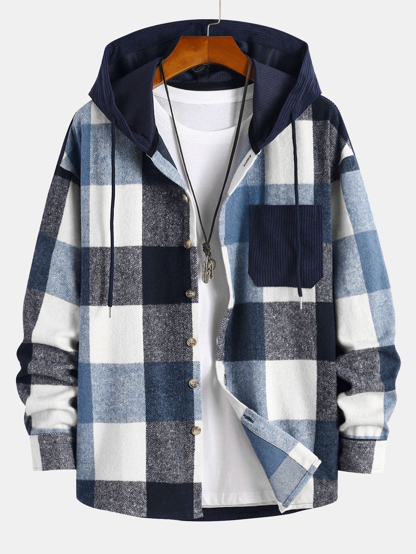 Relaxed Fit Flannel Checkered Corduroy Patchwork Hoodie Shirt