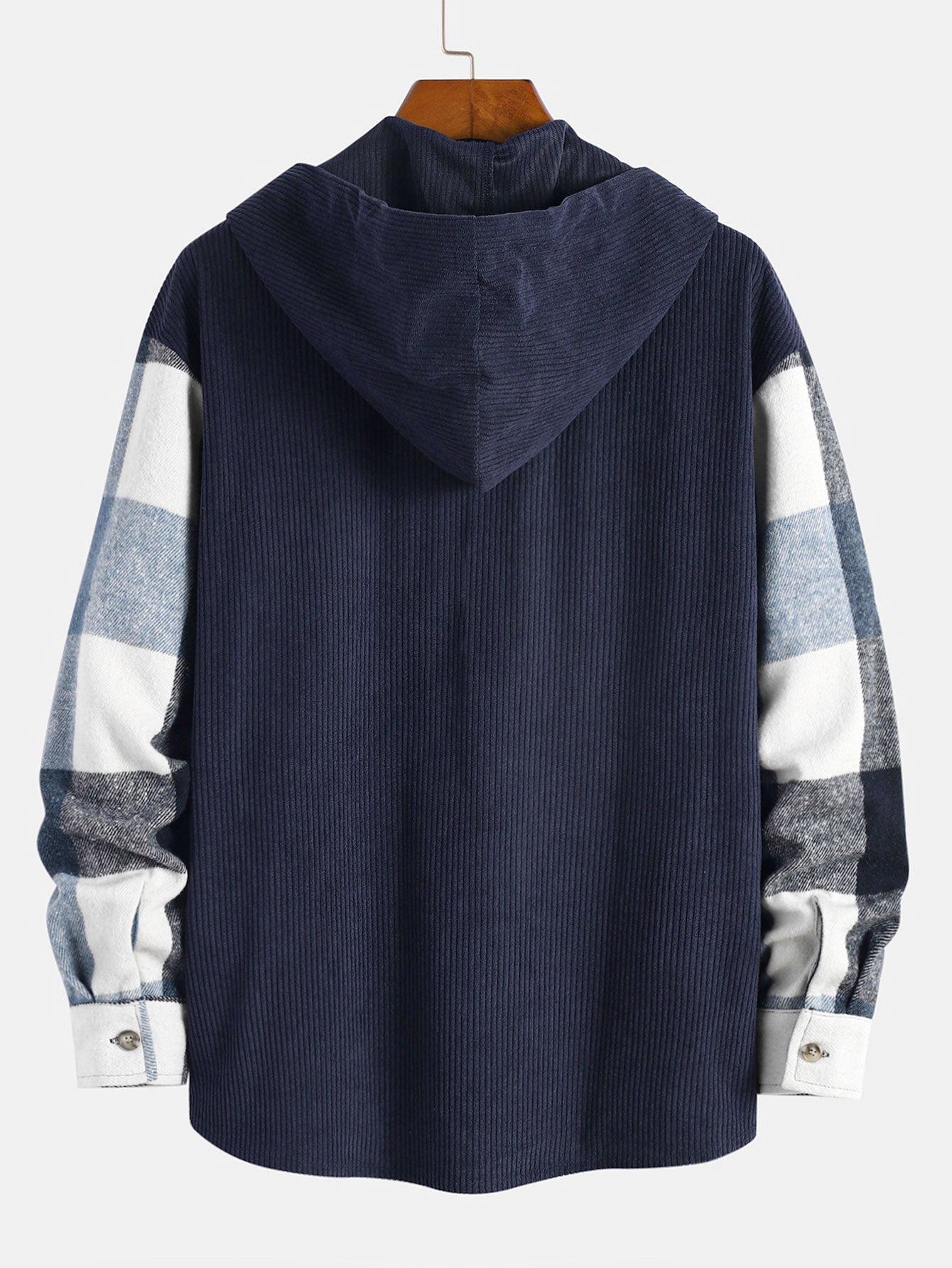 Relaxed Fit Flannel Checkered Corduroy Patchwork Hoodie Shirt