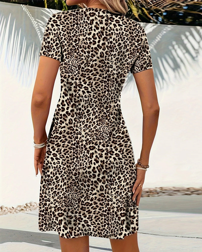 Leopardenmuster Kurzarmkleid mit V-Ausschnitt