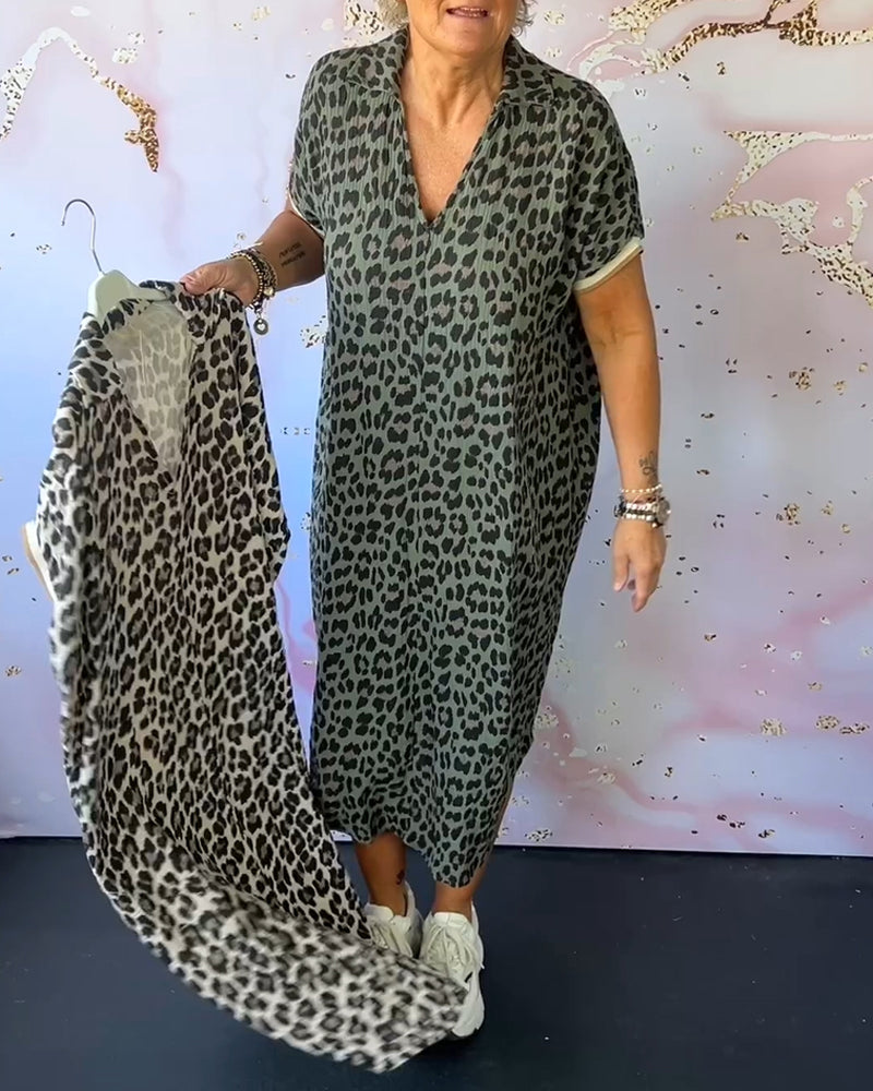 Leopardprint Kleid mit kurzem Arm und V-Ausschnitt