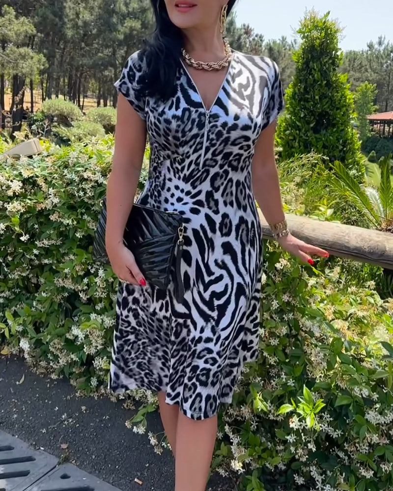 Kjole V-Hals Lynlås Leopardprint