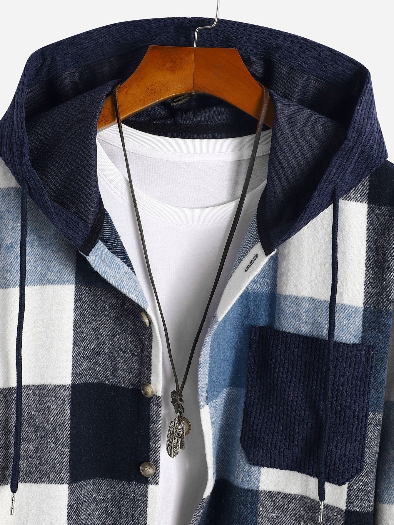 Relaxed Fit Flannel Checkered Corduroy Patchwork Hoodie Shirt