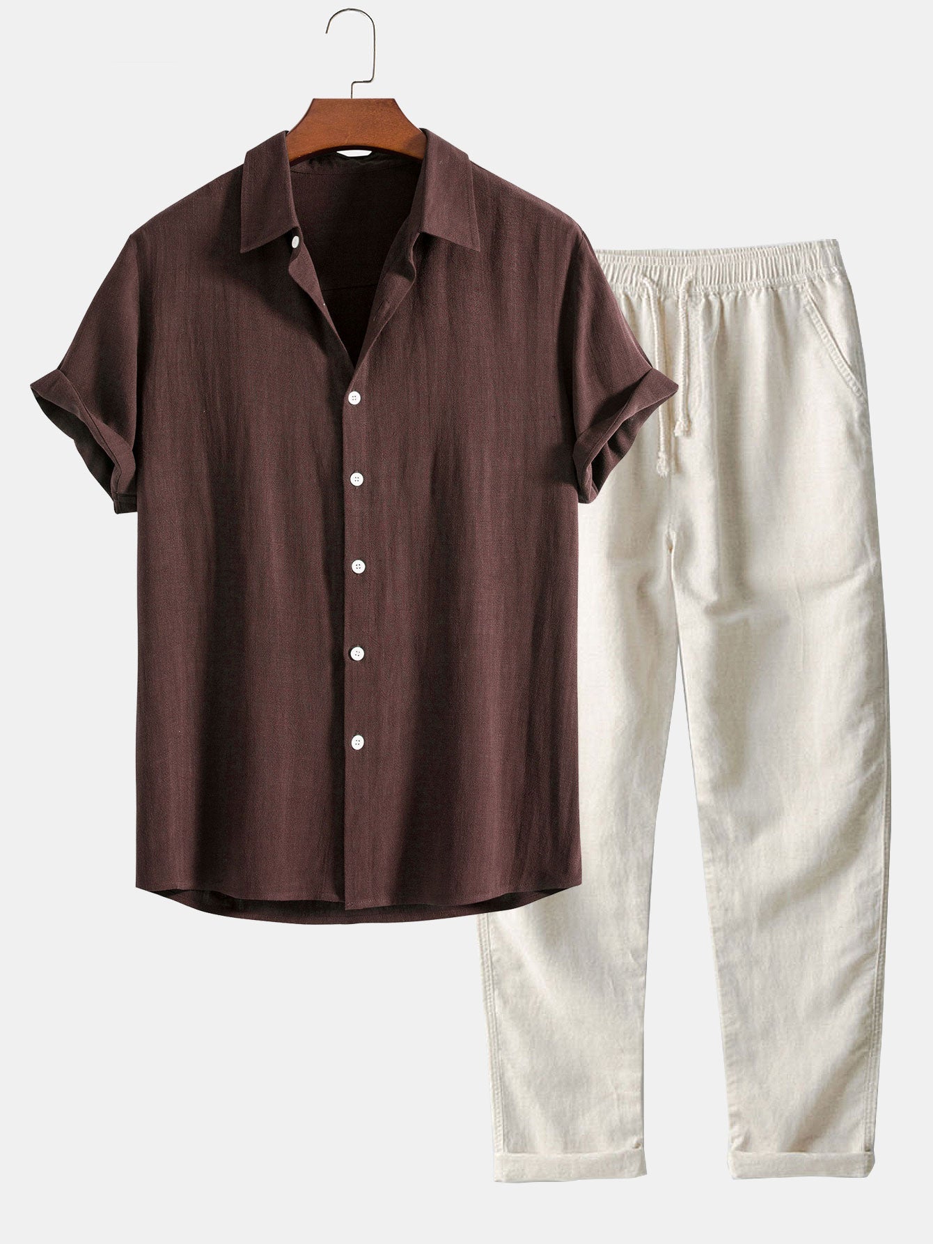 Leinen-Rayon Mix Knopfhemd mit Geradem Bein Leinenhose