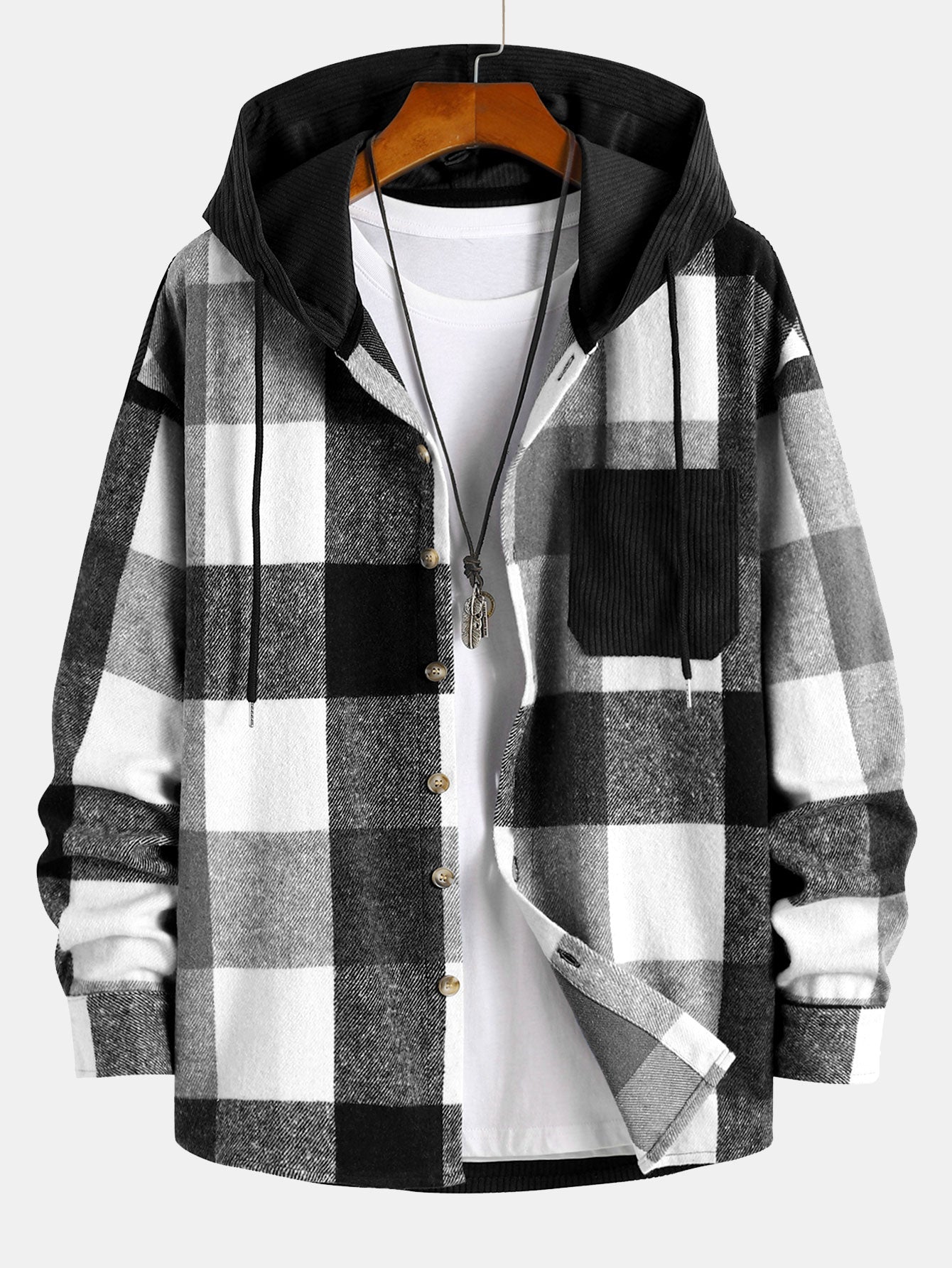 Casual Flannel Checkered Corduroy Patchwork Hoodie Shirt & Corduroy Cargo Jogger Pants