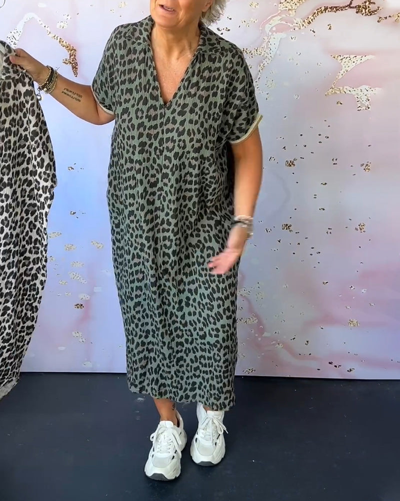 Leopardprint Kleid mit kurzem Arm und V-Ausschnitt
