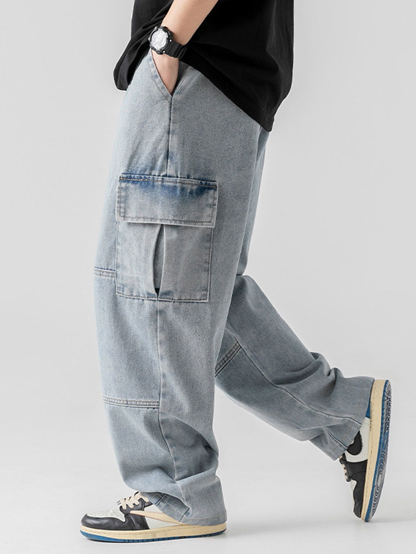 Bequeme Cargo Jeans mit Elastischem Bund und Geradem Bein