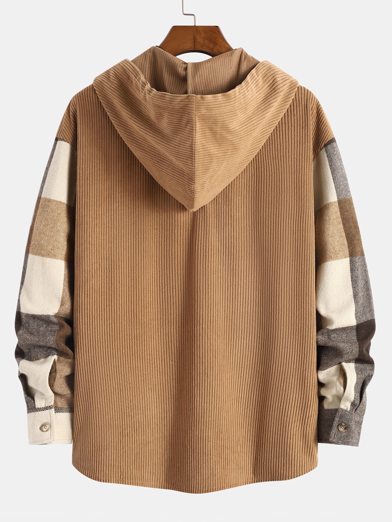 Casual Flannel Checkered Corduroy Patchwork Hoodie Shirt & Corduroy Cargo Jogger Pants