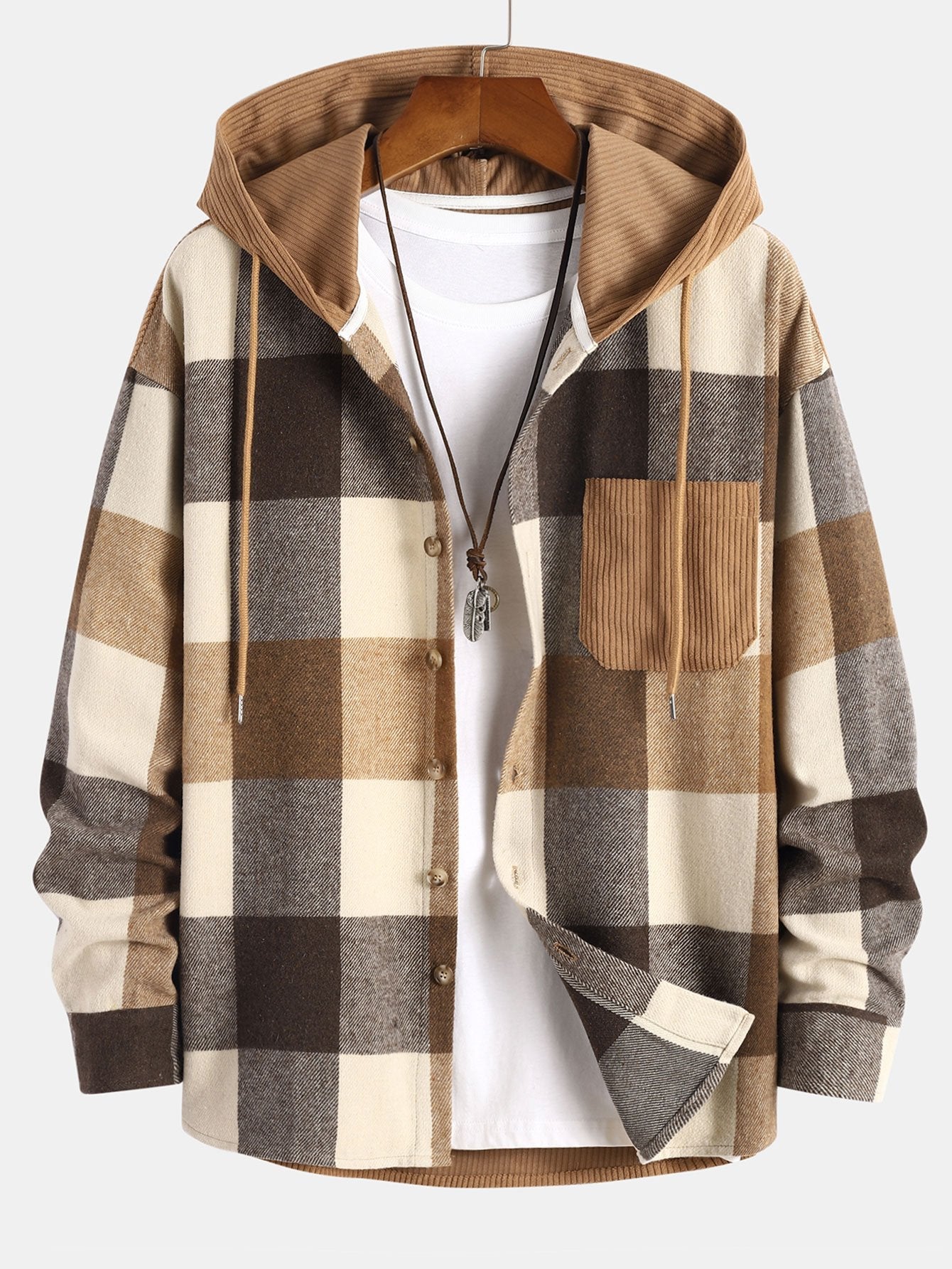 Relaxed Fit Flannel Checkered Corduroy Patchwork Hoodie Shirt