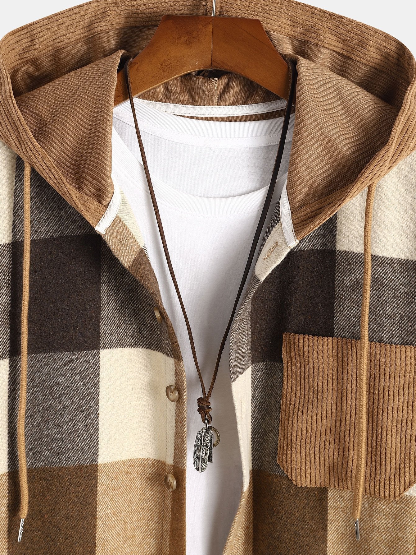Casual Flannel Checkered Corduroy Patchwork Hoodie Shirt & Corduroy Cargo Jogger Pants