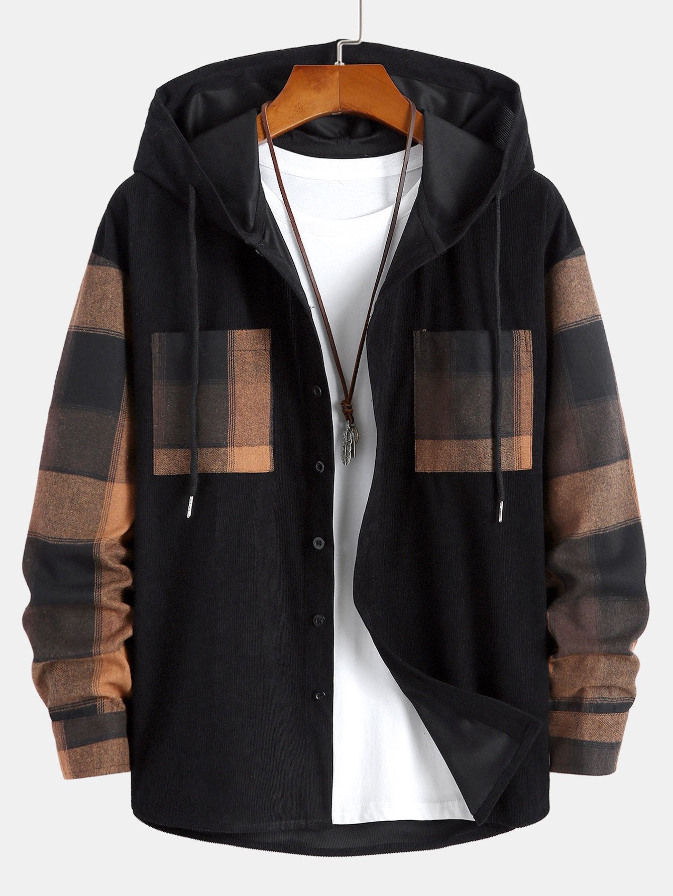 Relaxed Fit Checkered Corduroy Panel Hoodie Shirt